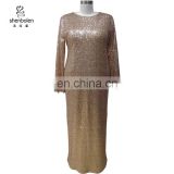 SP5020 Plus Size Gold Sequin Evening Dress Long Sleeve Round Neck Gown Dress