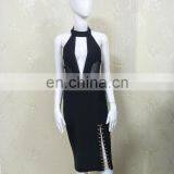 Women Halter Sleeveless Deep V Neck High Split Black Sexy Bodycon Club Party Dresses thumbnail-2