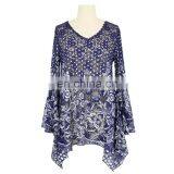 Latest Diamond Blue Flared Sleeve V Neck Floral Print Peplum Hem Blouse