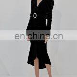 TWOTWINSTYLE Elegant Dresses For Women V Neck Long Sleeve High Waist With Belt Slimming Ruched Patchwork thumbnail-1