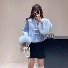 New Chinese-style Button-button Cape Coat for Women's Autumn and Winter With a High-end Look, Double-sided Wool Fox Fur-sleeved Short Coat 2024 thumbnail-2