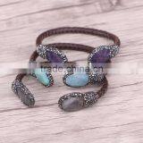 Natural Freshwater Pearl / Tiger Eye / Amethyst / Labradorite Stone Bangle Bracelet, Leather Cord DruzyJewelry Cuff Bangle thumbnail-3