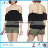 Women T-Shirts, Clothing Women, Black Off the Shoulder Crinkle Knit Top thumbnail-1