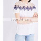 Customized Wholesale Lady's Apparel Simple Classic Floral Linen and Lace T-shirt(DQM005T) thumbnail-3