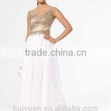 Gold White Combine Beaded Halter Full Length Chiffon Party Wear thumbnail-1