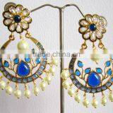 Gold Plated DANGLER BLUE WHITE PEARL CHAND BALI Earrings thumbnail-1