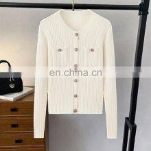 Wholesale Rib Knitted Round Neck Sweater Women's Button Down Cashmere Cardigan thumbnail-2