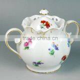 China Wholesale White Gold Ceramic Sugar Mason Jar With Handle Lid thumbnail-2