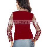 Velvet Machine Work Red Unstitched Blouse for Women thumbnail-2