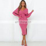 2020 Wholesale New Arrivals Summer Women Knitted Dress V Neck Bodycon Sweater Dress thumbnail-3