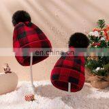 Cowinner Xmas Plaid Knit Matching Hats For Mom And Baby Christmas Buffalo Knit Warm Beanies Hat With Pom Pom Ball thumbnail-4