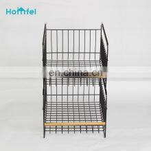 Multifunctional Black Stacking Wire Basket Lightweight Metal Organizer Rack Storage Basket Wood thumbnail-3