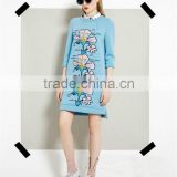 2014 Newest early autumn fashion designer bright blue space cotton flower letter printed 3/4 sleeve slim active dresses for girl
