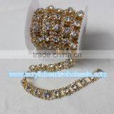 2016 Flower Rhinestone Chain Trim Wholesale-5yds Clear Crystal Rhinestone Gold Luxury Costume Chain Applique thumbnail-1