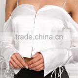 MGOO Manufacturer Custom Soft Satin Blouses Young Girl Sexy Crop Tops Off White Cold Shoulder Shirts thumbnail-4