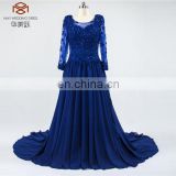 High Quality 3/4 S;eeve Chiffon Beaded Lace Applique Royalblue Evening Dresses