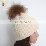 High Quality Strip Knitting Angora Fur Aduts Hat with Large Natural Raccoon Fur Ball