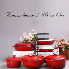 7 Piece Cast Iron Enameled Cookware Set - Red, RDO, Braiser, Skillet, Square Skillet Grill & Rect. Roaster) thumbnail-2
