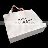 Luxury Pink Ribbon Handle White Shopping Gift Paper Bag With Black Printing Logo
