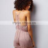 Women Casual Fit Satin Pajamas Set With Elasticated Waist Pink Sateen Lace Trim Playsuit V Neck thumbnail-3