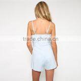 Wide Tie Waist Deep V Neck Light Blue Sleeveless Romper for Women thumbnail-3
