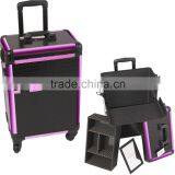 Black Makeup Pro Rolling Trolley Case- Purple Trim, Large Storage & Tray thumbnail-1