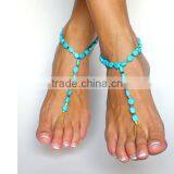 OEM Turquoise Beads Anklet With Toe Rings Unique Oval Beads Anklet 2016 Beads Foot Chain for Sister Friendship thumbnail-1