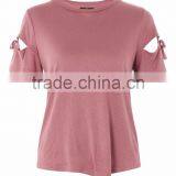 MGOO Hot Selling Casual Plain Round Neck T-shirt Women Cotton Hollow Sleeve T Shirts With Bowknot thumbnail-2
