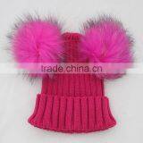 Myfur Hot Pink Girls Wool Knitting Hat with Real Raccoon Fur Pompoms Attached