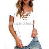Women Short Sleeve Top Fashion Black Lace Up V Neck Print Striped Sleeve T-shirt thumbnail-2