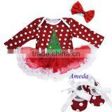 Xmas Tree Baby Red Polka Dots White Ruffles Long Sleeves Bodysuit Pettiskirt and Headband Crib Shoes NB-18M thumbnail-1