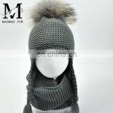 Kids Customized Design Wool Collar Raccoon Fur Pom Cashmere Knitted Hat and Scarf