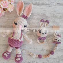 Handmade Crochet Bunny Rattle and Personalized Pacifier Holder Set Newborn Natural Organic Toys Vietnam Supplier Cheap Wholesale thumbnail-4