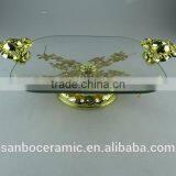 Hanging Crystals Cake Stand, Rectangle Golden Glass Cake Plate With Footed and Handle thumbnail-2