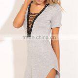 Lace up Knit Top Deep V Neck Cross String Woman Sexy Top thumbnail-1