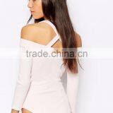2016 Autumn Long Sleeve Sexy Women Bodysuit Plain White Halter Neck Off Shoulder Leotard In Rib Your Own Brand thumbnail-3