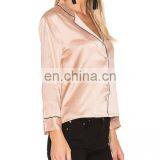 Pink Silk Satin Blouse For Women Smart Casual Wear Pajamas Style Long Sleeve T-Shirt thumbnail-3