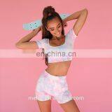 Whole Sales 2021 New Tie Dye Fitness Sports Wear Apparel Seamless Yoga Shorts and Short Sleeve Crop Top Sports Bra Set for Women thumbnail-5