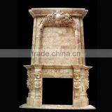Yellow Travertine Fireplace With Lion Head thumbnail-1