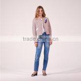 Ladies Cotton Leisure Style Striped Collarless Sequinned Patches Spring Jackets thumbnail-2