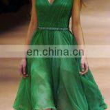 New Cocktail Party Dress 2015 Deep V Neck Emerald Green Beaded Pleated Chiffon Knee Length Cheap Homecoming Gown JW301 thumbnail-1