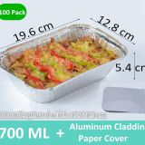 100 Pack Aluminum Pans with Aluminum Cladding Paper Lids,100 Pack, Deep Steam Table Pans, Rectangular Aluminum Grill Pans (700 ML)