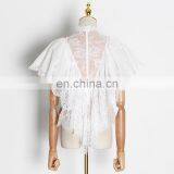 TWOTWINSTYLE Shirts For Women Butterfly Short Sleeve Loose Ruffles Hollow Out Irregular Hem Casual Lace thumbnail-3