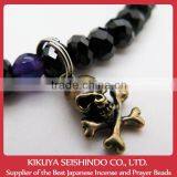 Black Spinel Bracelet with skull and crossbones and two Purple Crystals, Japanese cool bracelets, trendy Japanese bracelet