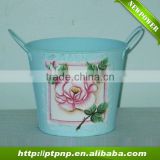 Rose design decorative blue metal flower pot with handle
