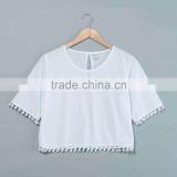 Pompon crop top t-shirt Sublimation blank. no minimum qauntity real factory . Sublimation blank