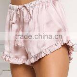 MGOO Foshan Manufacturer Satin Ruffle Trim Shorts High Waist Stretch Sleepwear Pink Plain Shorts thumbnail-4