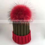 Myfur Hot Sale Christmas Adults Size Raccoon Fur Pom Pom Knitted Beanie Hat