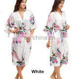 Women's Peacock Print Half Sleeve Silk Kimono Bridesmaid Long Robe Nightgown thumbnail-4
