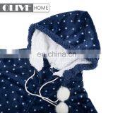 Fashion Design Sherpa Lining Dots Printed Flannel Hoodie Bathrobe With Zipper and Pompom thumbnail-4